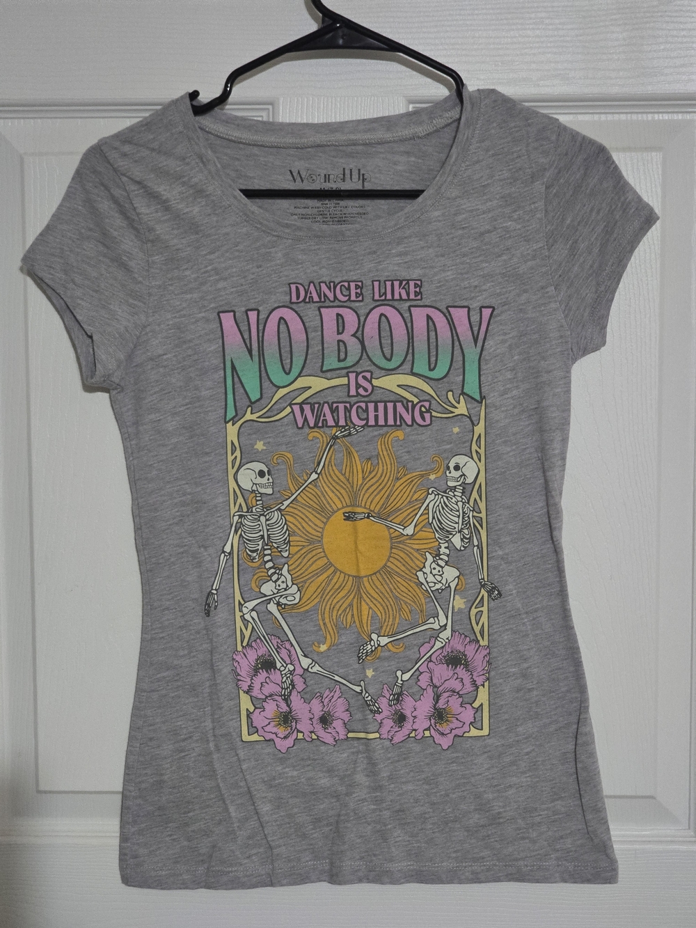 Wound Up Gray Short Sleeve Tee with Pink, Green & Yellow Graphic